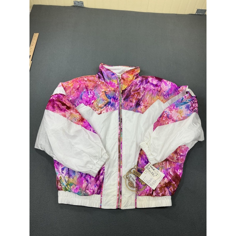Vintage East West Jacket Womens Large White Multicolor Floral Windbreaker 80s